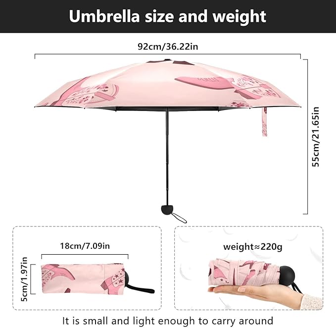 Cowboy Boots Pattern Umbrellas for Rain Windproof Small Folding Compact Mini Travel Umbrella for Purse Lightweight Portable Pocket for Women