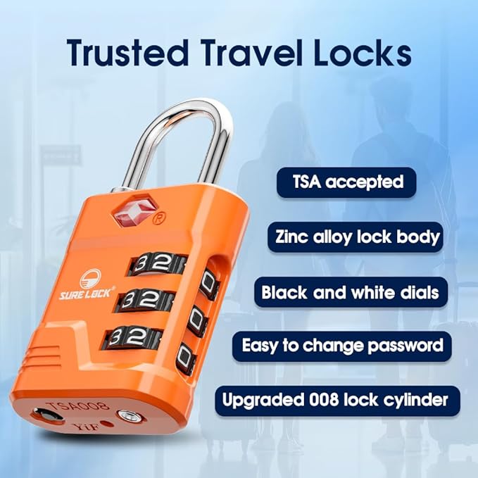 SURE LOCK TSA Approved Luggage Lock – 3-Digit Resettable Combination Padlock with Open Alert Red Dot, Large Easy-Read Dials for Suitcases, Backpacks, Gym & School Lockers (Orange 2 pk)