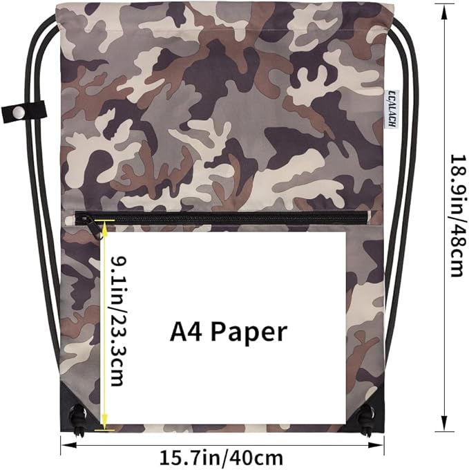 draw string back bag, Large Gym Sports string backpack for men and women with front zipper pocket and inside zipper pocket to keep key or phone (brown camo)