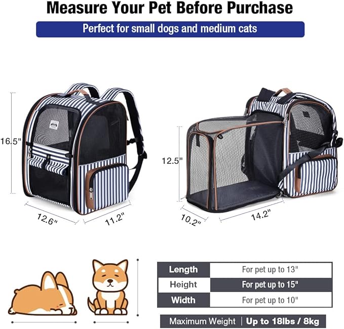 Large Cat Backpack Carrier Expandable Pet Carrier Backpack for Small Dogs Medium Cats Fit Up to 18 Lbs, Dog Carrier Backpack,Puppy Backpack Carrier, Striped