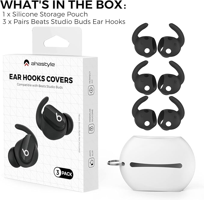 AhaStyle 3 Pairs Beats Studio Buds Ear Hooks Anti-Slip Ear Covers Silicone Accessories【Not Fit in The Charging Case】 Compatiable with New Beats Studio Buds 2021 (Black)