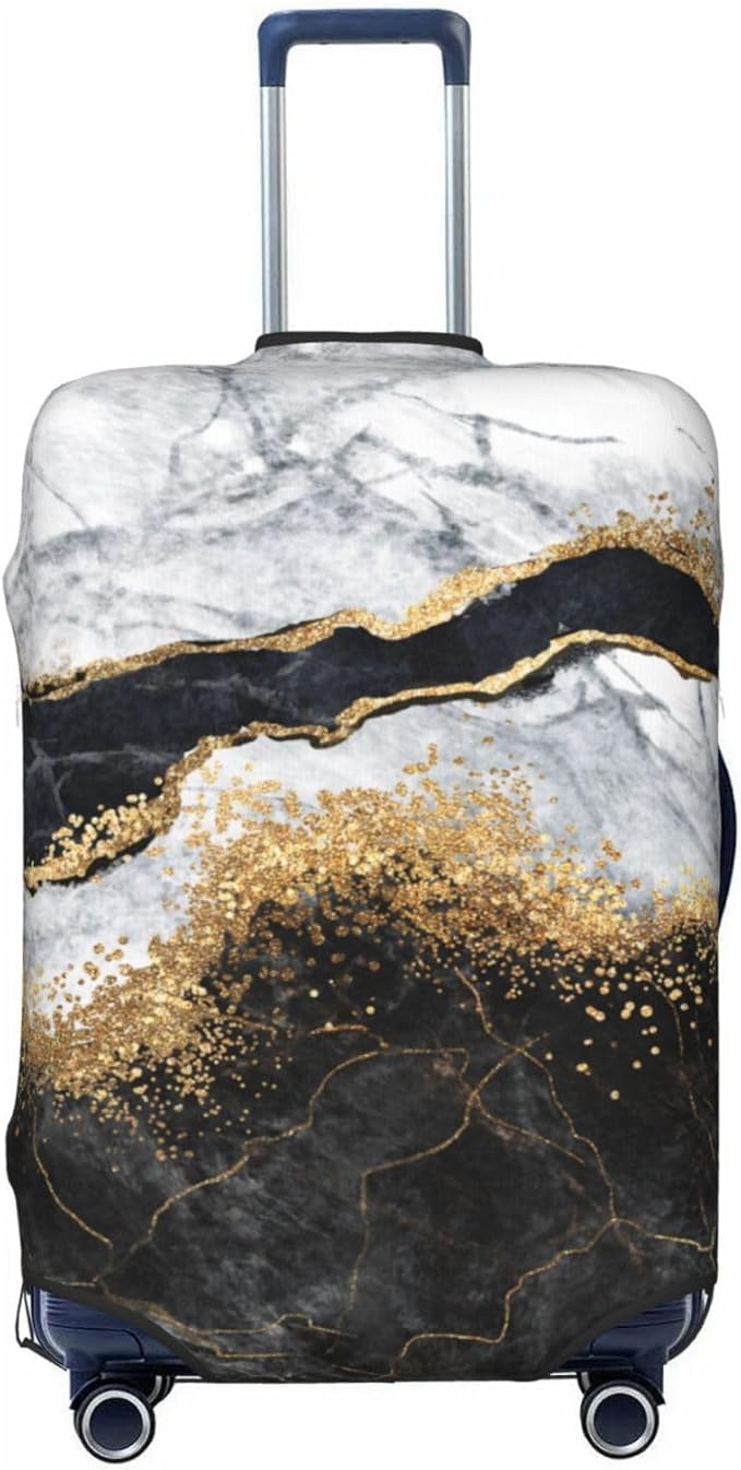 Travel Luggage Cover Suitcase Protector, White Black Gold Marble Abstract Washable Elastic Suitcase Baggage Cover Double-sided with Zipper Closure for Wheeled Suitcase Fits 25-28 Inch Luggage