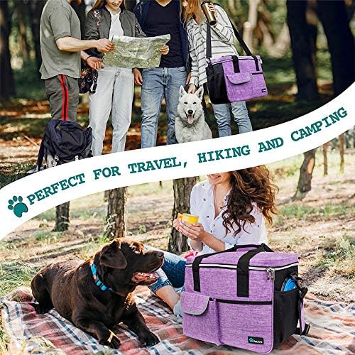 PetAmi Dog Travel Bag, Travel Pet Bag Organizer, Dog Food Travel Bag with Container Collapsible Bowls, Pet Travel Supplies Gift Accessories for Weekend Camping, Puppy Cat Diaper Bag, Purple Medium