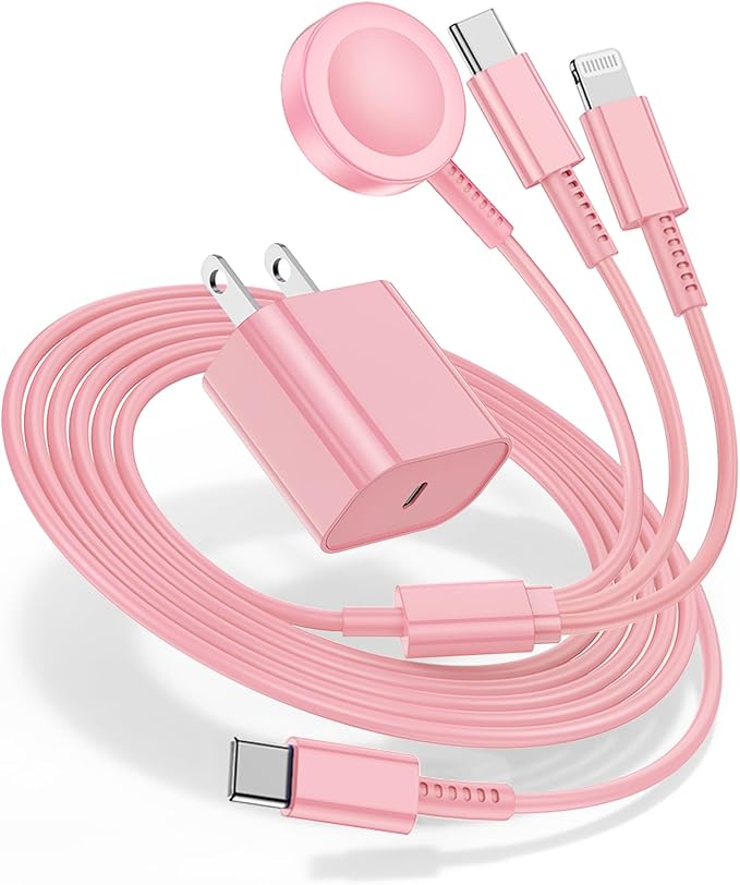 for Apple Watch Charger Fast Charging,3 in 1 Multi Chargers Cable with USB C Charger, iWatch Charger Cord 6FT for iWatch Series Ultra 3/2/SE 3/11/10/9/8/7/6/5/4/iPhone17 15 16 Pro Max/14/13/12/11-Pink