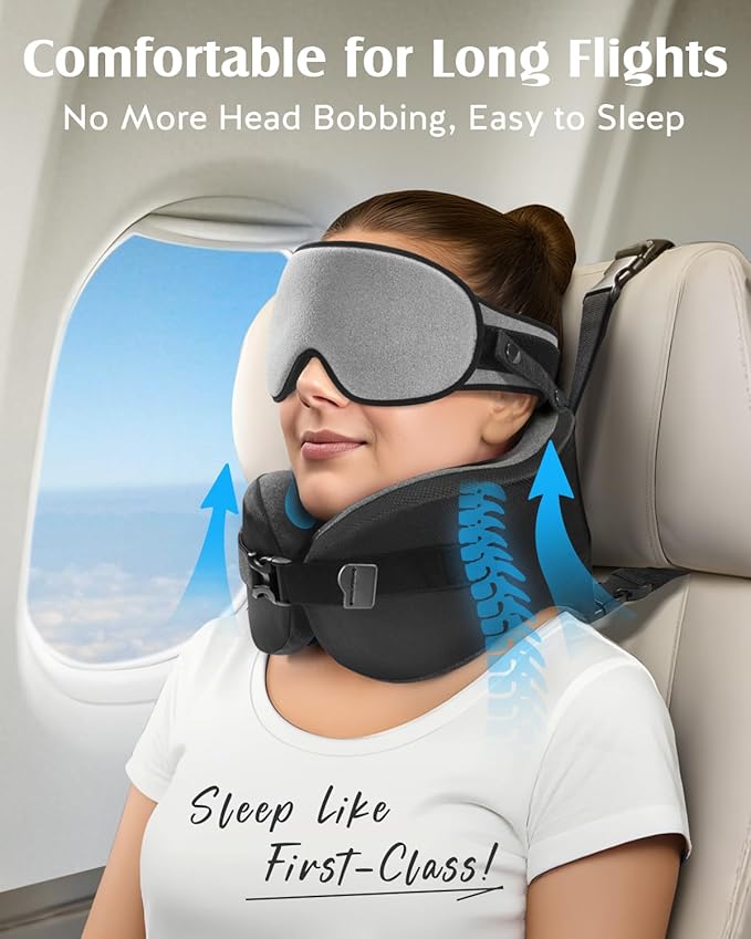 YFONG Travel Pillow for Long Flight Airplane, Head Strap Combo with 3D Contoured Sleep Eye Mask, Neck Pillow for Travel Essential, 360° Support Memory Foam Headrest, Prevent Bobbing, Drawstrap - Grey