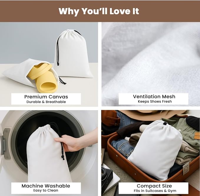 LFH Cotton Rich Shoe Storage Bags with Drawstring, Dustproof Breathable Reusable Organizer, Perfect For Travel, Dorm, Hotel, College, Gym, Easy to Carry, Machine Washable 12"x17" (Pack of 2) - White