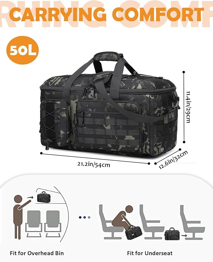 50L Gym Bags for Men, 3 in 1 Travel Duffle Bag with Shoe Compartment, Tactical Military Backpack for Overnight Weekender Gym Traveling Workout Deployment
