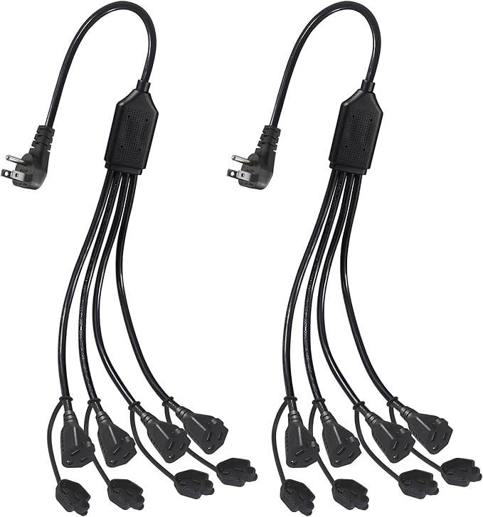 4 Way Outlet Splitter - Black 2-Pack 90-Degree Angled Flat Plug 1 to 4 Extension Cable Power Strip, 16/3 Gauge 1.5FT, 3 Prong Y Style Multi Outlet Splitter, Perfect for Wall Wart Adapters