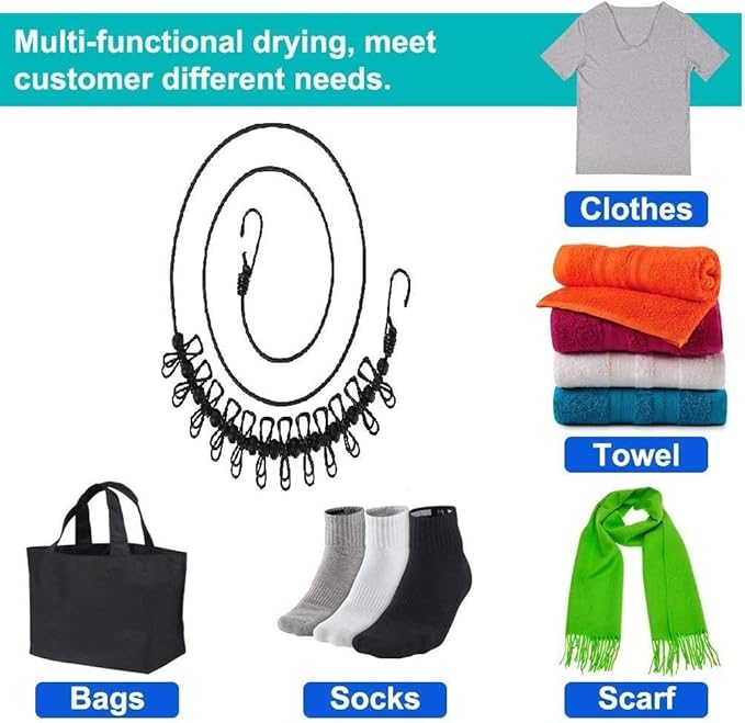 1 Pack Portable Clothesline with 12 Clothespins, Windproof Travel Clothesline Stretchy Retractable Elastic Laundry Clothes Line for Backyard, Vacation Hotel, Balcony Clothes Drying Line