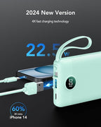 VRURC Portable Charger with Cables for iPhone, 22.5W Fast Charging USB C Power Bank 10000mAh, Compact Cell Phone Battery Pack with Cords for iPhone 17 16 15 14 13,Samsung Galaxy-Green(1 Pack)