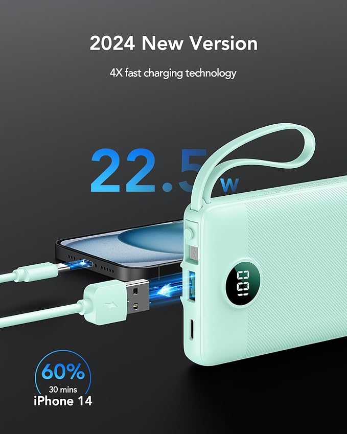 VRURC Portable Charger with Cables for iPhone, 22.5W Fast Charging USB C Power Bank 10000mAh, Compact Cell Phone Battery Pack with Cords for iPhone 17 16 15 14 13,Samsung Galaxy-Green(1 Pack)