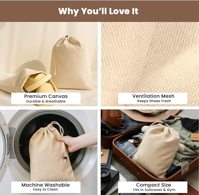 LFH Cotton Shoe Storage Bags with Drawstring, Dustproof Breathable Reusable Organizer, Perfect For Travel, Dorm, Hotel, College, Gym, Easy to Carry, Machine Washable 12"x17" (Pack of 6) - Natural
