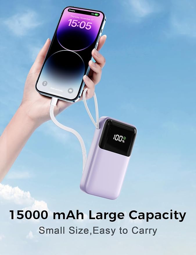 Power Bank, 15000mAh Portable Charger with Built in Cable, 22.5W Fast Charging, 6 Outputs, Slim Travel Essential Battery Pack with LED Display, Compatible with iPhone 17/16/15/14/13, iPad Purple