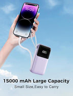 Power Bank, 15000mAh Portable Charger with Built in Cable, 22.5W Fast Charging, 6 Outputs, Slim Travel Essential Battery Pack with LED Display, Compatible with iPhone 17/16/15/14/13, iPad Purple
