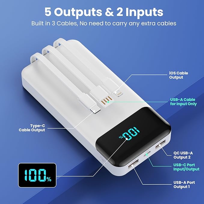 Portable Charger Power Bank 40800mAh with 3 Built-in Cables,25W Fast Phone Charging Portable Battery Pack,5 Outputs Travel Essentials Outdoor External Battery for iPhone 17/16,Galaxy Android etc-White