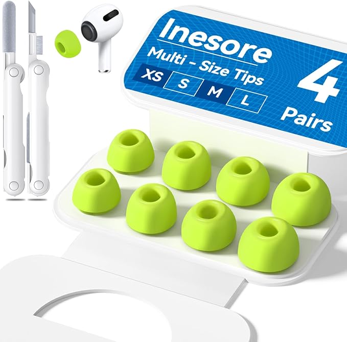 4 Pairs Replacement Ear Tips for AirPods Pro 2nd/1st Generation with Portable Storage Box & Cleaner Pen,Noise Reduction Holewith & Built-in dust Guard Screen,Silicone EarTips(Fluorescent Green)