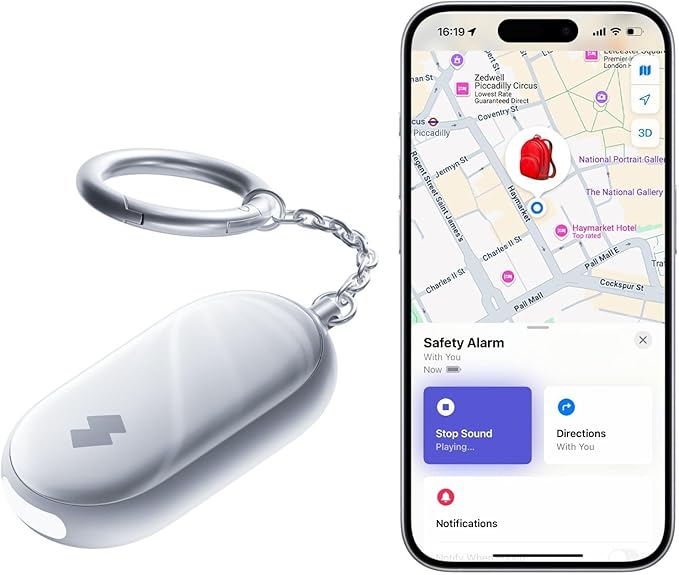 SwitchBot 130 dB Personal Safety Alarm for Women with Apple Find My APP, Extra-Loud Siren & Strobe Light, Waterproof Self Defense Keychain for Women, College Girls and Kids (White)