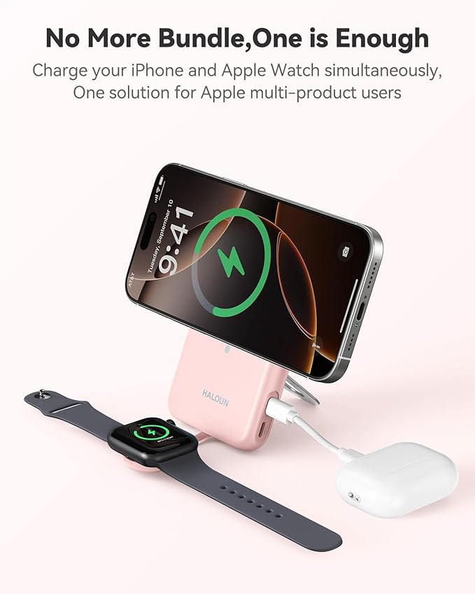 Magnetic Portable Charger for iPhone and Apple Watch, 10000mAh Wireless Power Bank PD 20W USB-C Fast Charging Battery Pack with Stand for iPhone Air/ 17/16/15/14/13/12 Pro Max、iWatch 11-1/SE/Ultra 3-1