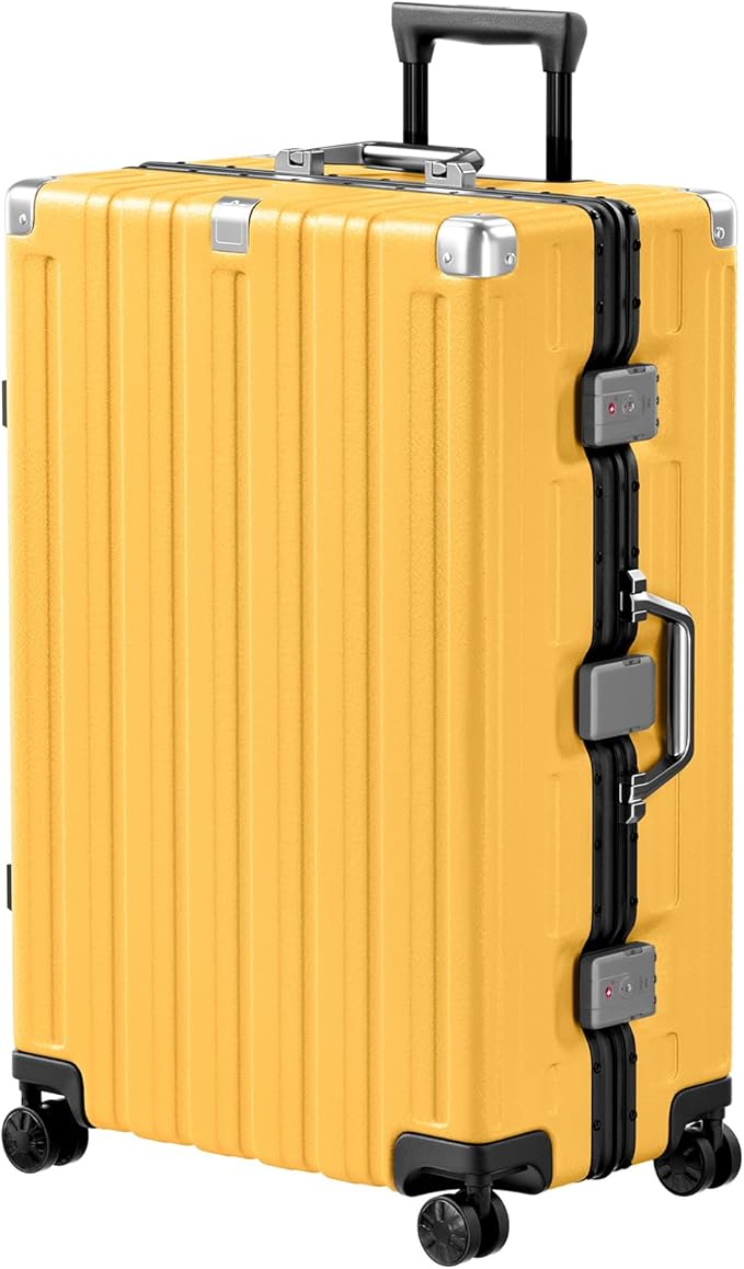 Krute Aluminum Frame Luggage 28 Inch Checked Suitcase with Spinner Wheels TSA Approved No Zipper Hard Shell Luggage PC+ABS Travel Suitcase Yellow