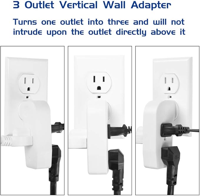 3 Way Vertical Outlet Wall Tap Outlet Splitter Extender with 3 Prong Plug for Behind Furniture, Turn One Outlet Into Three, 2 on the Right Side and 1 on the Left Side, White, ETL Listed