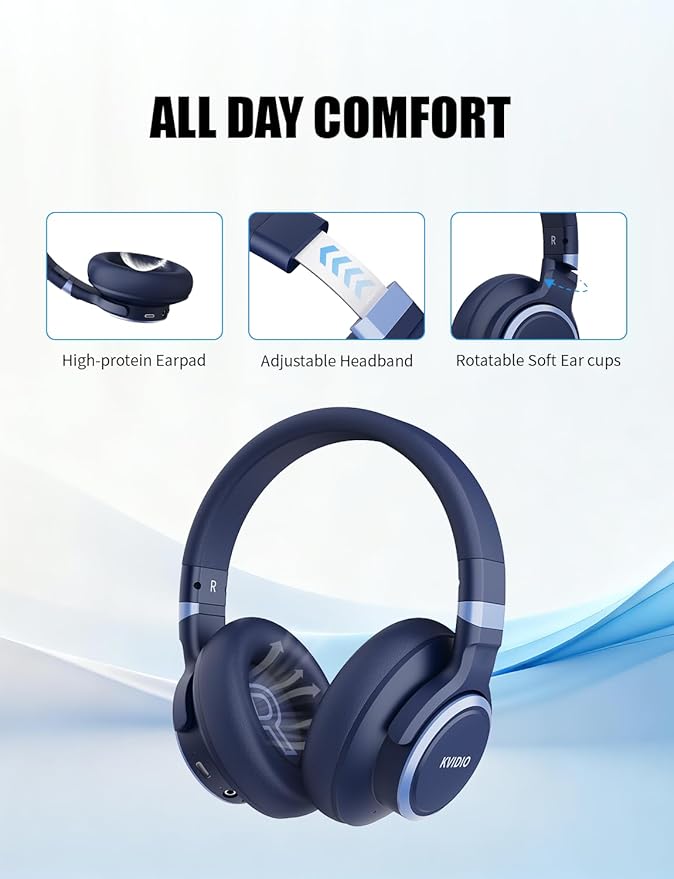KVIDIO Active Noise Cancelling Headphones, 70 Hours Playtime Bluetooth Headphones with Microphone, Transparency Mode, Deep Bass and Hi-Fi Stereo Sound (Blue)