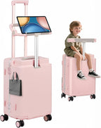 smilesun 20" Adjustable Fence Luggage with Seat, Carry On Suitcase for Kids & Adults, 200lbs Support, 360° Silent Wheels with TSA Lock, Tablet & Cup Holder(Pink)