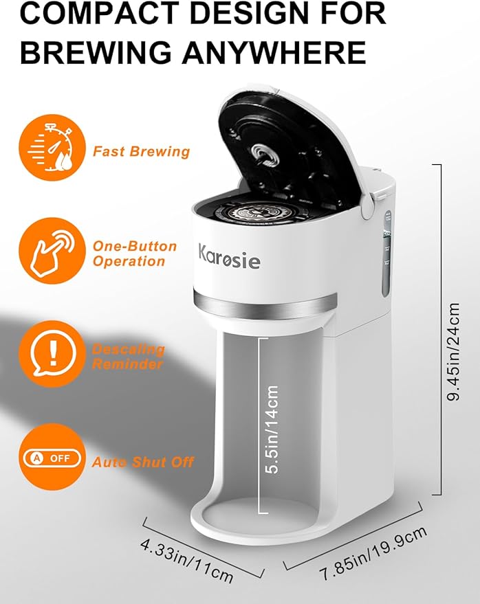 Single Serve Coffee Maker for K-Cup and Ground Coffee,Fast Brew,6-12 oz Brew Sizes One Cup Coffee Machine Fits 5.5" Mugs,One-Button Small Coffee Maker with Descaling Reminder,White,9.45 Inches