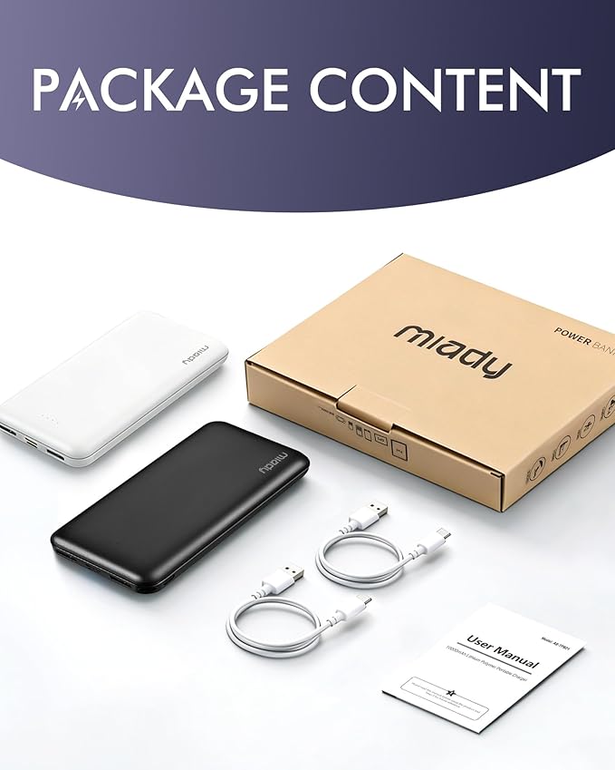 Miady 2-Pack Portable Charger, Slim 10000mAh Power Bank Travel Battery Pack 3 Outputs 2 Inputs Compatible with iPhone 17/16/15/14/13 Galaxy S24/22 iPad Android etc (Black+White)