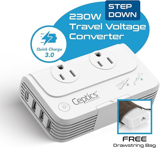 Ceptics Travel Voltage Converter -200W Convert 220V to 110V for Curling Iron, Straightener, Charger Step Down World Power Plug - 4 USB PD 18W Fast Charging - SWadApt - Type A, B, C, E/F, G, I Include