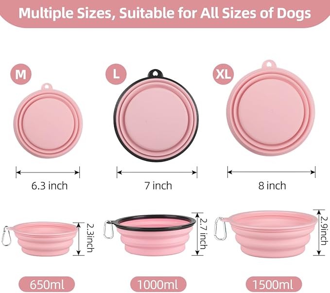Kytely Collapsible Dog Bowls X-Large (1500ml), 2 Pack Foldable Travel Bowls, Portable Dog Water Food Bowl with Clasp, Pet Feeding Cup Dish for Traveling, Walking, Hiking (Pink+Grey)