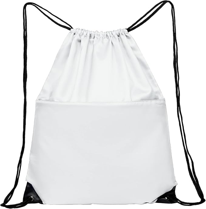 Drawstring Backpack Sports Water Resistant String Bag Sport Gym Sackpack for Women Men Large with Zipper, White