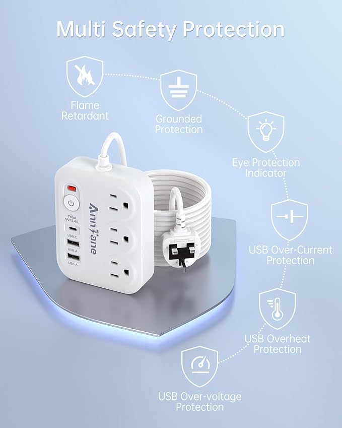 UK Travel Plug Adapter with USB C, 6FT Extension Cord, US to UK Ireland Plug Adapter Type G Travel Adapter with 3 Outlets 3 USB Ports for Scotland London England British Irish Kenya Dubai Travel