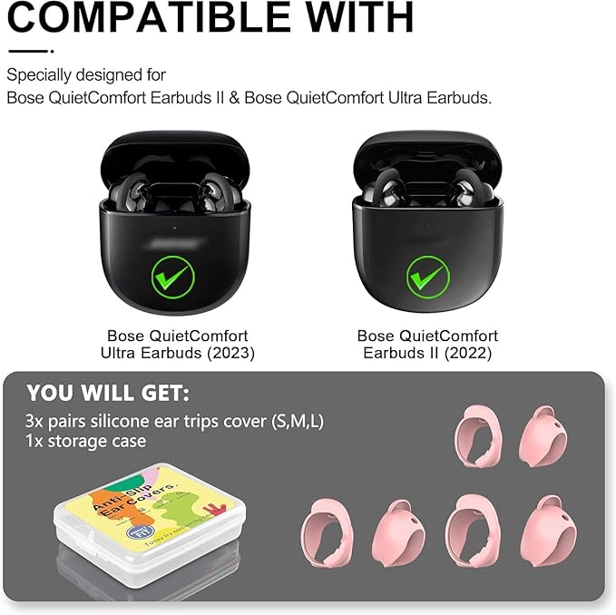 [3 Pairs] Ear Tips Cover for Bose QuietComfort Earbuds II (2022) &Bose QuietComfort Ultra Earbuds (2023), Silicone Sport Ear Hook Cover, Anti-Slip Replacement Eartip Accessories (S,M,L) (Pink)