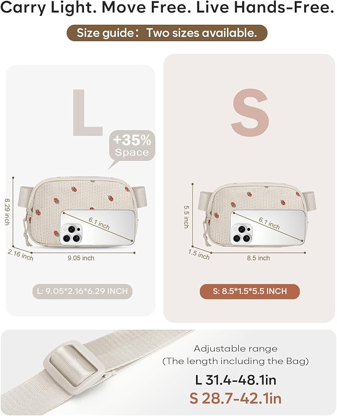 Pritent Fanny Packs for Women Cross Body Bag Waterproof Belt Bag with Adjustable Strap and Zipper Back Pocket Small Crossbody Bags Fashion Waist Packs for Workout Travelling(Strawberry Beige)