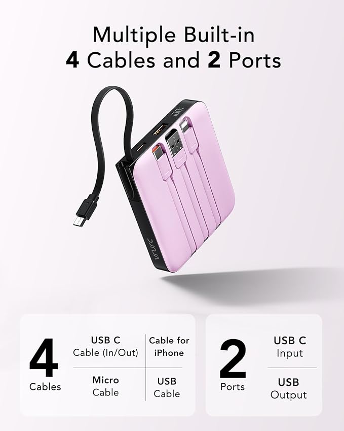 VRURC Portable Charger with Built-in Cable, 10000mAh 22.5W Fast Charging USB C Battery Pack, Cell Phone Power Bank for iPhone 17 16 15 Series Android Tablet (Purple)
