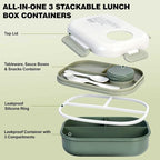 Lunch Bento Box Set - 3 Compartment Containers for Kids and Adults,lunch box for women with Thermo Lunch Bag, Leak-Proof and BPA-Free - Built-in Utensil Set,Sauce - Dishwasher Safe-Green