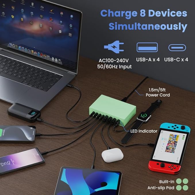 200W USB C Charger Block, 8-in-1 GaN III USB C Charger Fast Charging Station Hub, PD 65W Laptop Charging Adapter for MacBook Pro/Air/Dell XPS/iPhone 16/15/14/iPad/Galaxy S24 (Green)