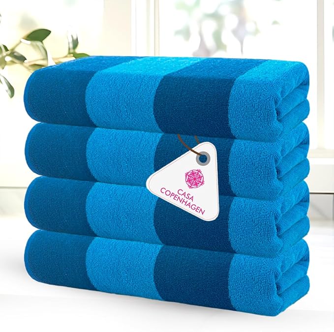 CASA COPENHAGEN Malibu Towel 4Pcs Deep Blue Designer Stripe Beach Towels Gift Set, 30"x60" Oversized 100% Cotton Pool Bath Towel for Beach Gift Set (Perfect Summer Gift Set for Women & Men)