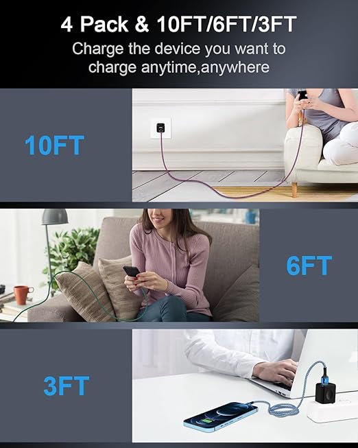 USB A to Lightning Cord, 4Pack/3Ft Nylon Braided iPhone Charger Cable, Apple Approved Fast Charging Power Wire for iPhone 14, 14 Pro Max, 13 Pro Max, 13Pro, 13, 13 Mini, 12 11 10 XR XS X 8 Plus 7 6 6s