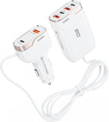 6-Port USB-C Car Charger, 123W Fast, PD 45W Compatible with iPhone16/Galaxy/Samsung S24, Cigarette Lighter Adapter with 5.7FT Cable for Rear Seat Charging (White)