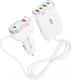6-Port USB-C Car Charger, 123W Fast, PD 45W Compatible with iPhone16/Galaxy/Samsung S24, Cigarette Lighter Adapter with 5.7FT Cable for Rear Seat Charging (White)