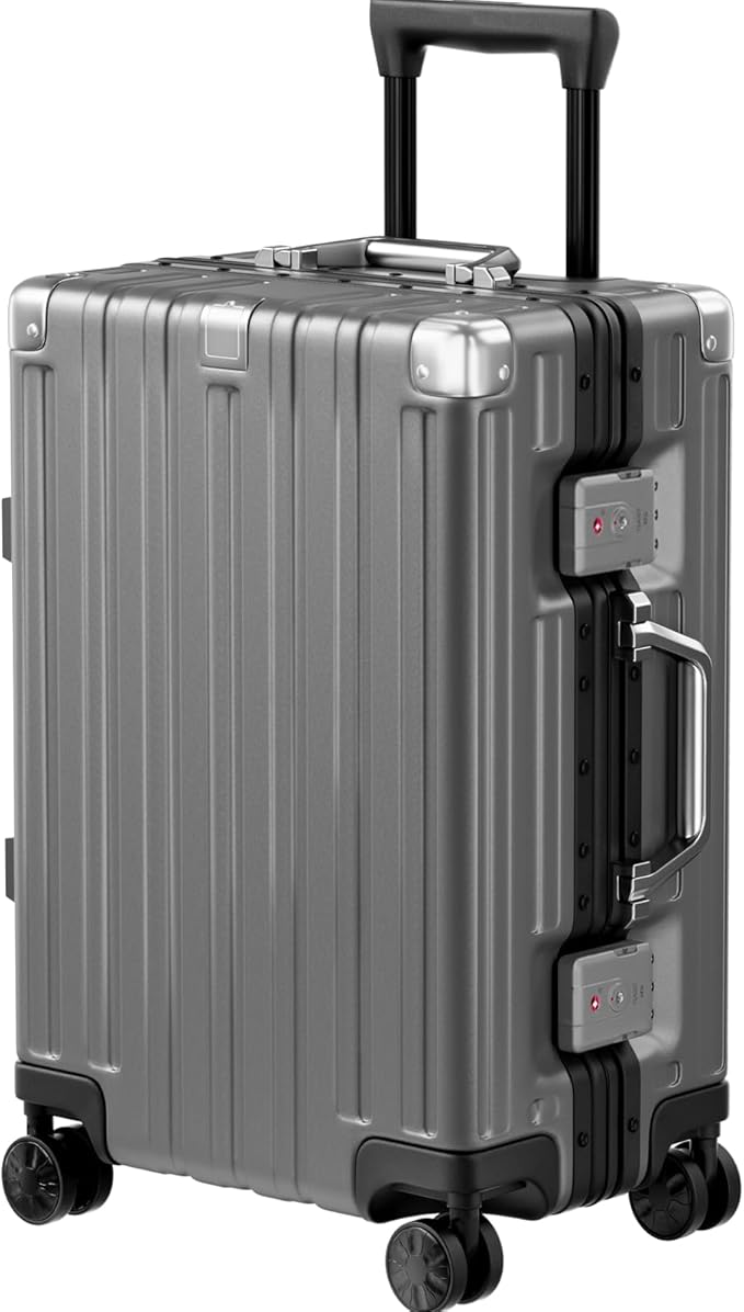 Krute Carry On Luggage 20 inch Aluminum Frame Luggage with Spinner Wheels Hardshell No Zipper PC+ABS TSA Lock Zipperless Suitcases Gray