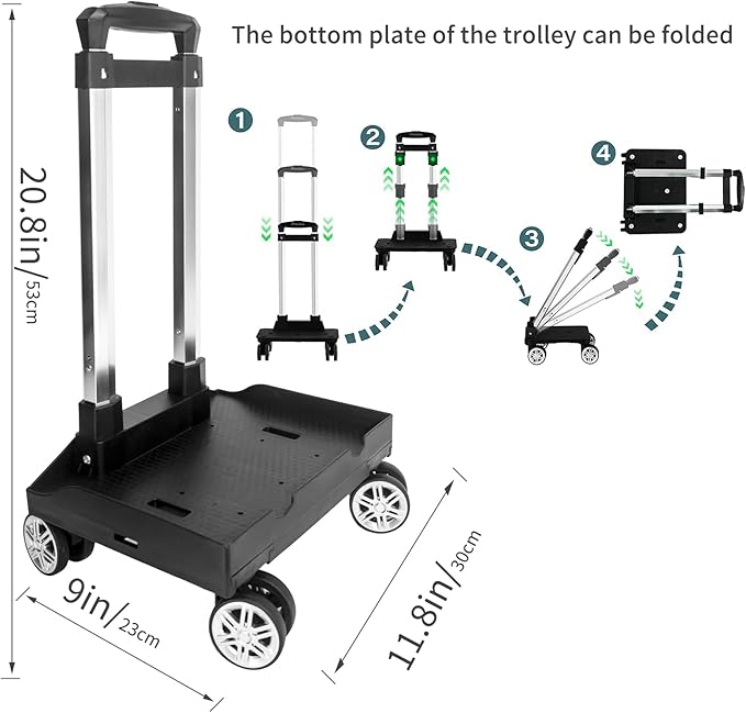Backpack Trolley Wheeled Cart, Foldable Aluminium Alloy Hand Truck with Edge Guard Base, 4 Spinner Wheels, Luggage Cart with Luggage Strap for Teenagers, Adults, School,Luggage Trolley for Travel