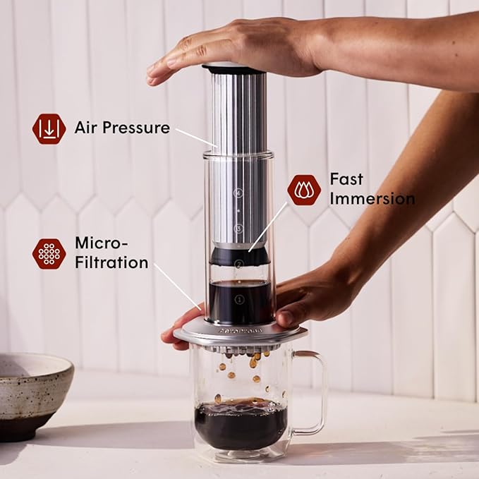 AeroPress Premium Coffee Press, Glass, Stainless Steel & Aluminum Coffee Maker, All-in-One French Press, Pour-Over & Espresso Style Manual Brewer, 2 Min Brew for Less Bitterness, More Flavor, Silver