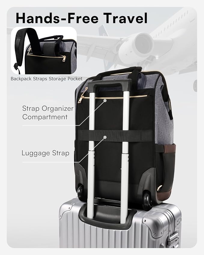 Rolling Backpack for Women, Travel Backpack with Wheels, Vertical Storage Wheeled Laptop Backpack, Underseat Carry on Luggage for College Business Work, Stylish Rolling Laptop Bag, Grey Brown