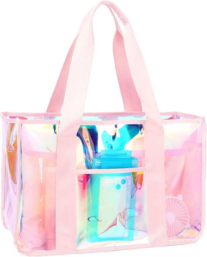 Fammart Iridescent Clear Beach Bag for Women, Jelly Tote Bag Waterproof Sandproof Pool Bag Cruise Vacation Essentials