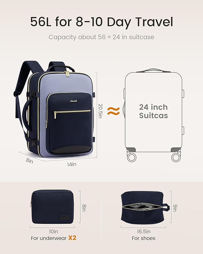LOVEVOOK 56L Travel Backpack for Women & Men, Airline Approved Carry On Luggage with 3 Packing Cubes, TSA Overnight Bags, Waterproof Personal Item Bag, Weekender Essentials Backpacks fits 17" Laptop