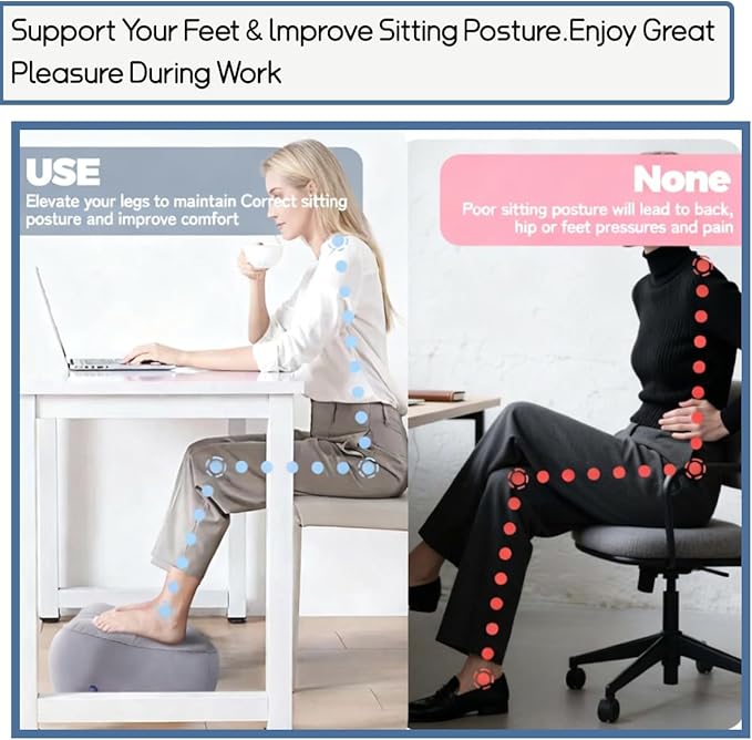 Inflatable Foot Rest for Travel, Soft Flocking Airplane Leg Rest Pillow, Portable Cushion Ottoman for Flights, Office, Home, Camping (Gray)