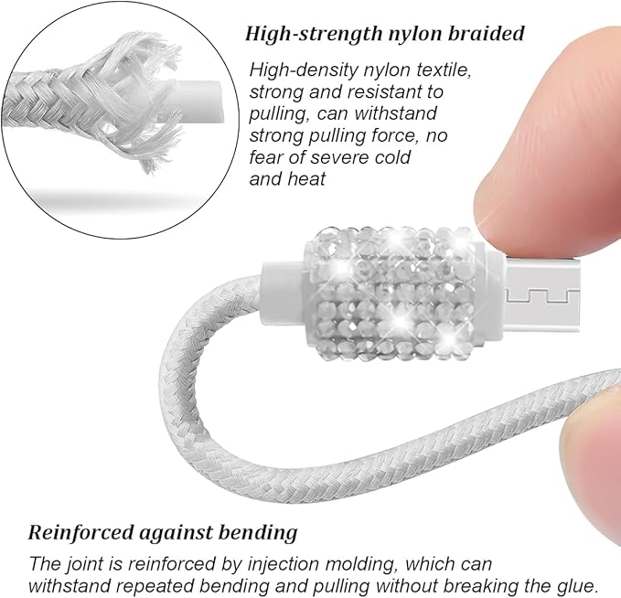 Bling Dual USB Car Charger with 3-in-1 Multi Fast Charging Cable, Dual Port Charger Adapter with Type C Micro USB Cord for iPhone, Android, Rhinestones Car Interior Accessories for Women(White)