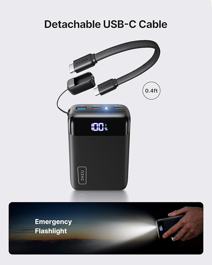 INIU Smallest 20000mAh Power Bank, 22.5W PD Fast Charging Portable Charger with Detachable Cable, Flight-Safe Battery Pack with LED Display for Travel Xiaomi iPhone 17 16 Samsung S26 Google iPad etc